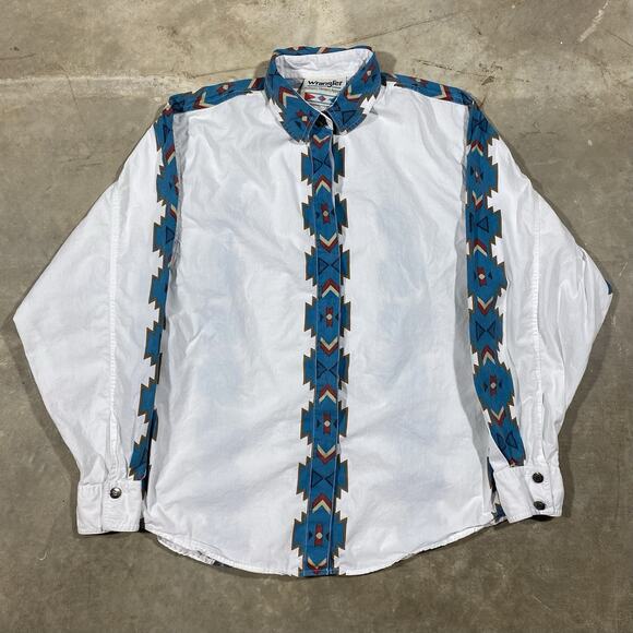 VTG Wrangler Aztec Western Shirt White Blue Hidden Button Men’s Small 90s - Picture 1 of 12